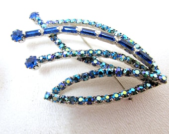 Vintage Blue Rhinestone Spray Brooch, Mid Century Costume Jewelry