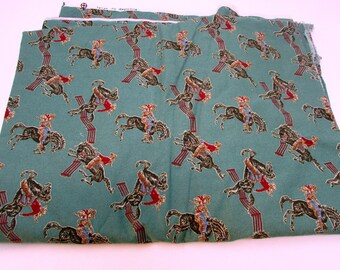 Vintage Cowboy Fabric Bucking Broncos in Green and  Red Cotton Roundup Retro Reproduction Vintage Fabric Textile 3 + yards 112x 42 inches