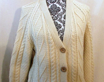 Vintage Irish Fisherman Sweater Cardigan Cream Wool Cable Knit - Rich Thick Chunky Irish Knit Hand Knit Wooden Buttons Pockets Size Large