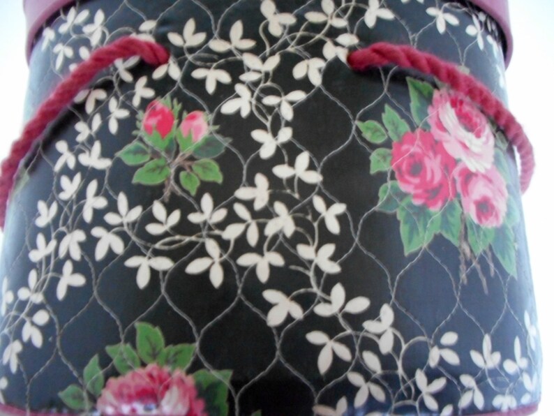 Vintage Sewing Basket Storage Box Pink Roses Quilted Oil Cloth Etsy
