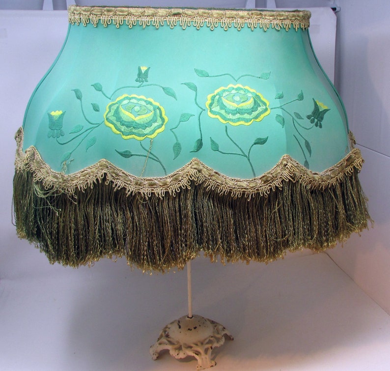Victorian Lamp Shade Green Silk with Fringe and Embroidery Etsy