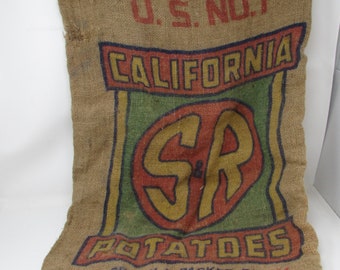 Vintage California Burlap Potato Sack Agricultural and Farm Salvage Farmhouse Decor California SR Brand Potatoes