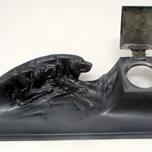 Art Nouveau Inkwell Pewter Hunting Hounds Dogs Vintage inkwell antique Desk Office Decor Inkwell for Fountain Pens