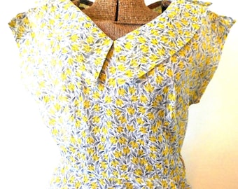 Vintage Dress Sheer Dress Full Skirt Seersucker Yellow Grey White 1950s Full Skirt