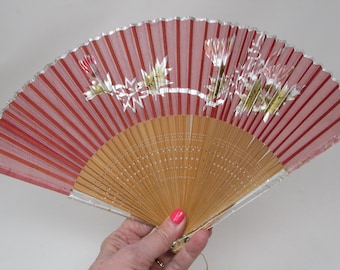 Vintage Folding Fan Hand held fan Silver Floral Desing on Silk Wood Frame with Lucite Ends Lovely