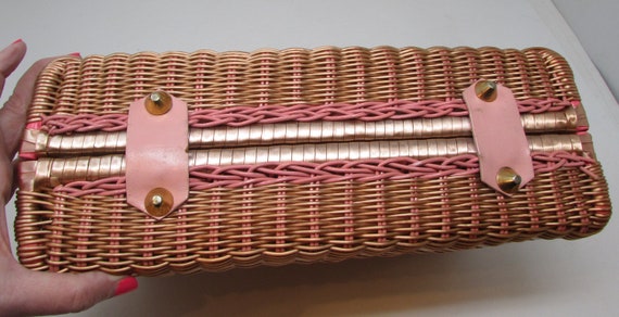 Vintage 1960s Pink Wicker Purse Handbag with Luci… - image 9