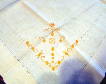 Vintage Embroidered Tablecloth, Golden Yellow Art Deco Design