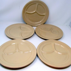 Vintage Ironstone Ceramic Divided Dinner Plates Set of 5 Tan colored Homer Laughlin China