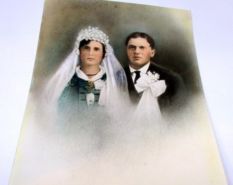 Lovely Vintage Wedding Photograph Hand tinted 1920s Bride and Groom Real photograph hand colored 8 x 10 inches
