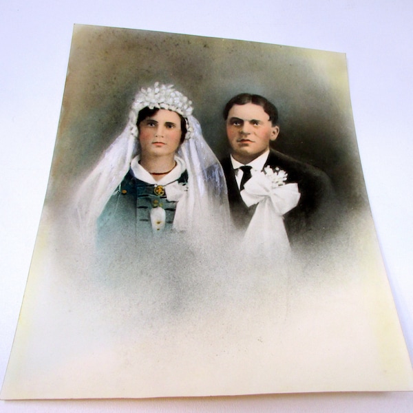 Lovely Vintage Wedding Photograph Hand tinted 1920s Bride and Groom Real photograph hand colored 8 x 10 inches