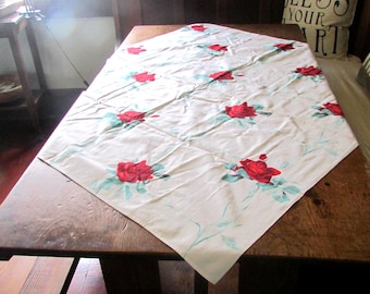 Vintage Red Roses Tablecloth - Mid Century Floral Print (48.5x44 inches)