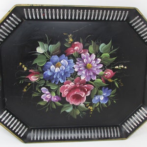 Large Vintage Ottoman Tray Black Tole Painted Extra Large Floral Flowers Gorgeous Rectangular image 2