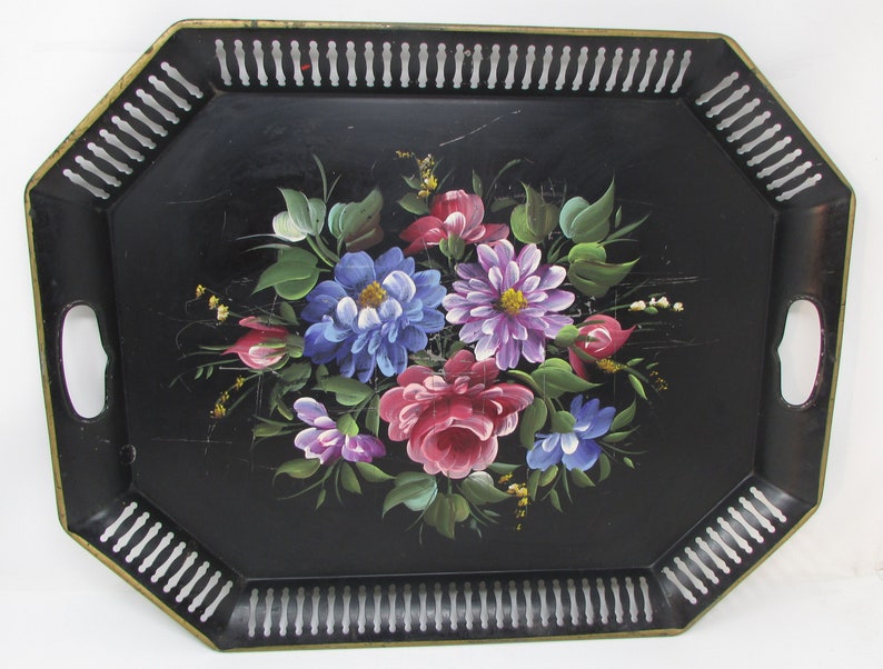 Large Vintage Ottoman Tray Black Tole Painted Extra Large Floral Flowers Gorgeous Rectangular image 2