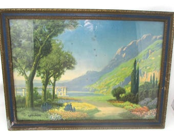 Vintage R. Atkinson Fox Druck – 1920er Jahre Seelandschaft in blauem Gesso-Rahmen