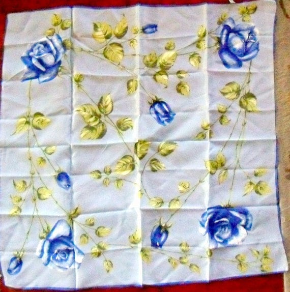 Vintage Scarf Blue Roses 1950s Scarf Rayon Scarves - image 2