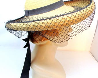 Vintage Phil Strann Straw Sun Hat – 1950s Wide Brim Veil Millinery