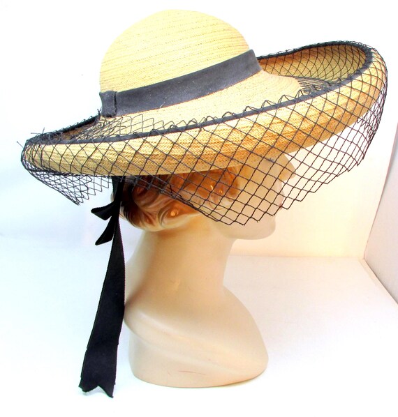 Vintage Patina Millinery for Ritz Carlton Straw Hat Edwardian Wide Brim Straw Hat: Gold Silk Taffeta Flowers  main image 2