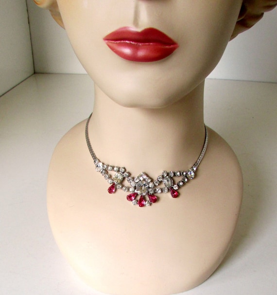 Vintage Rhinestone Choker Bridal Necklace Pink an… - image 1