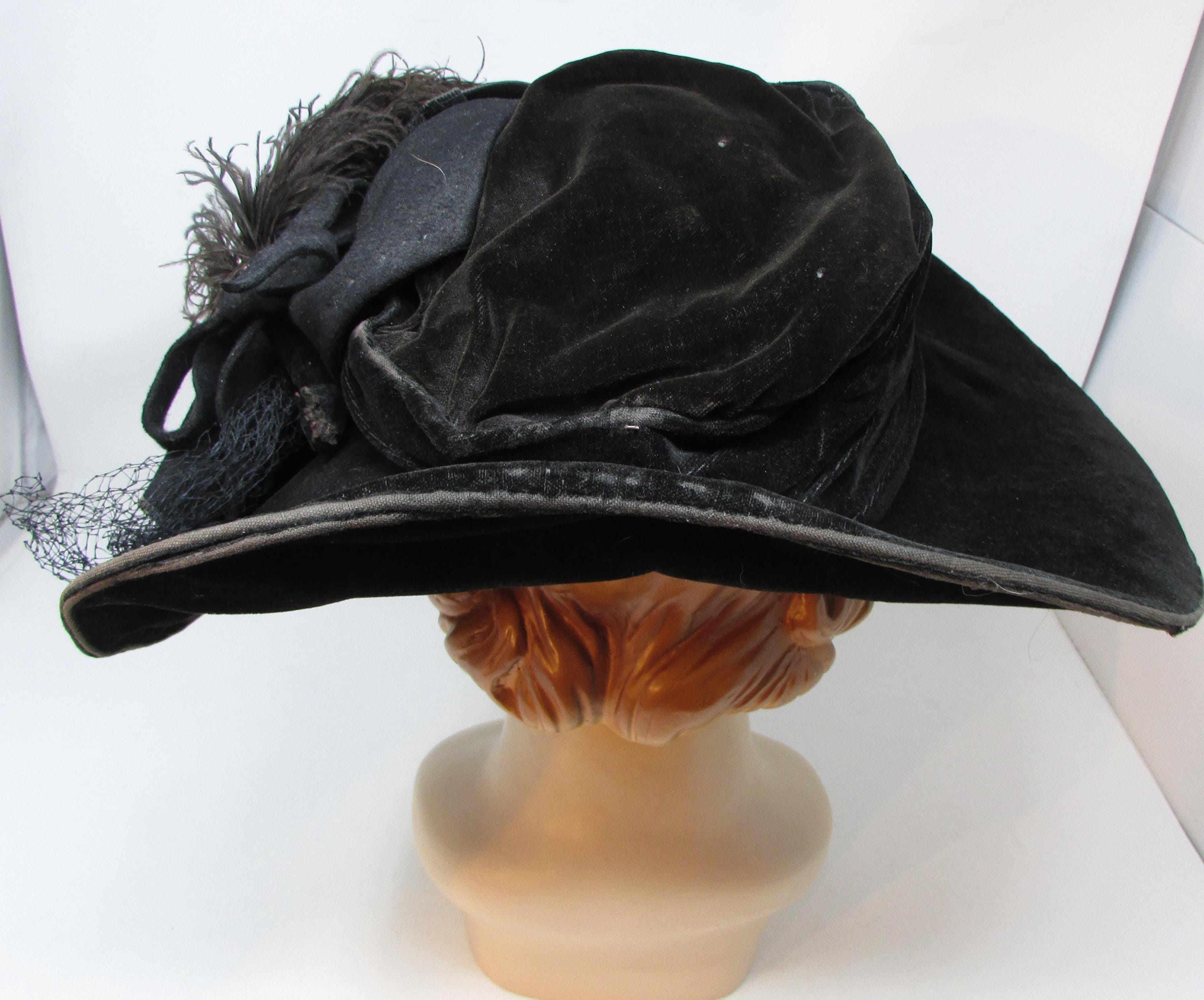 Victorian Wide Brim Hat: Black Velvet & Ostrich Feather 