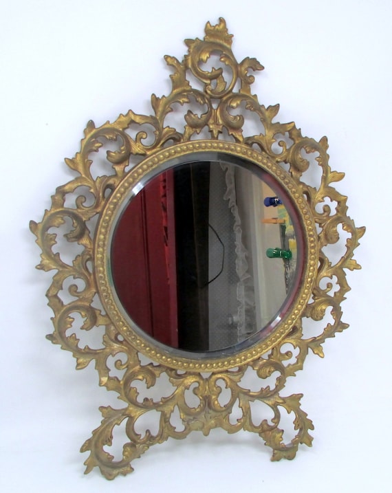 Victorian Cast Iron Standing Vanity Mirror Vintage Round Beveled Rococo Gold Frame Ready To Hang On Wall