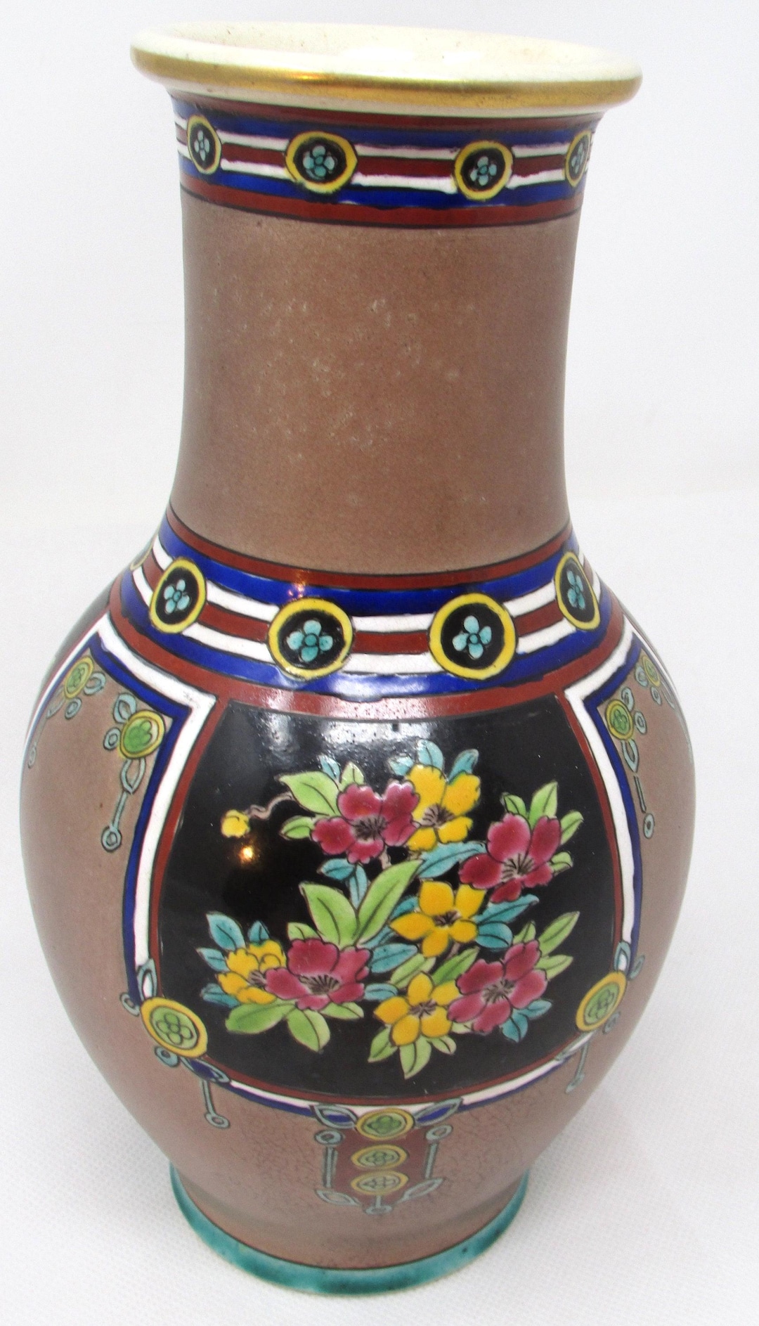 ヴィンテージ花瓶 手描き陶器花瓶 高さ8 3/4インチ 花柄 花のデザイン