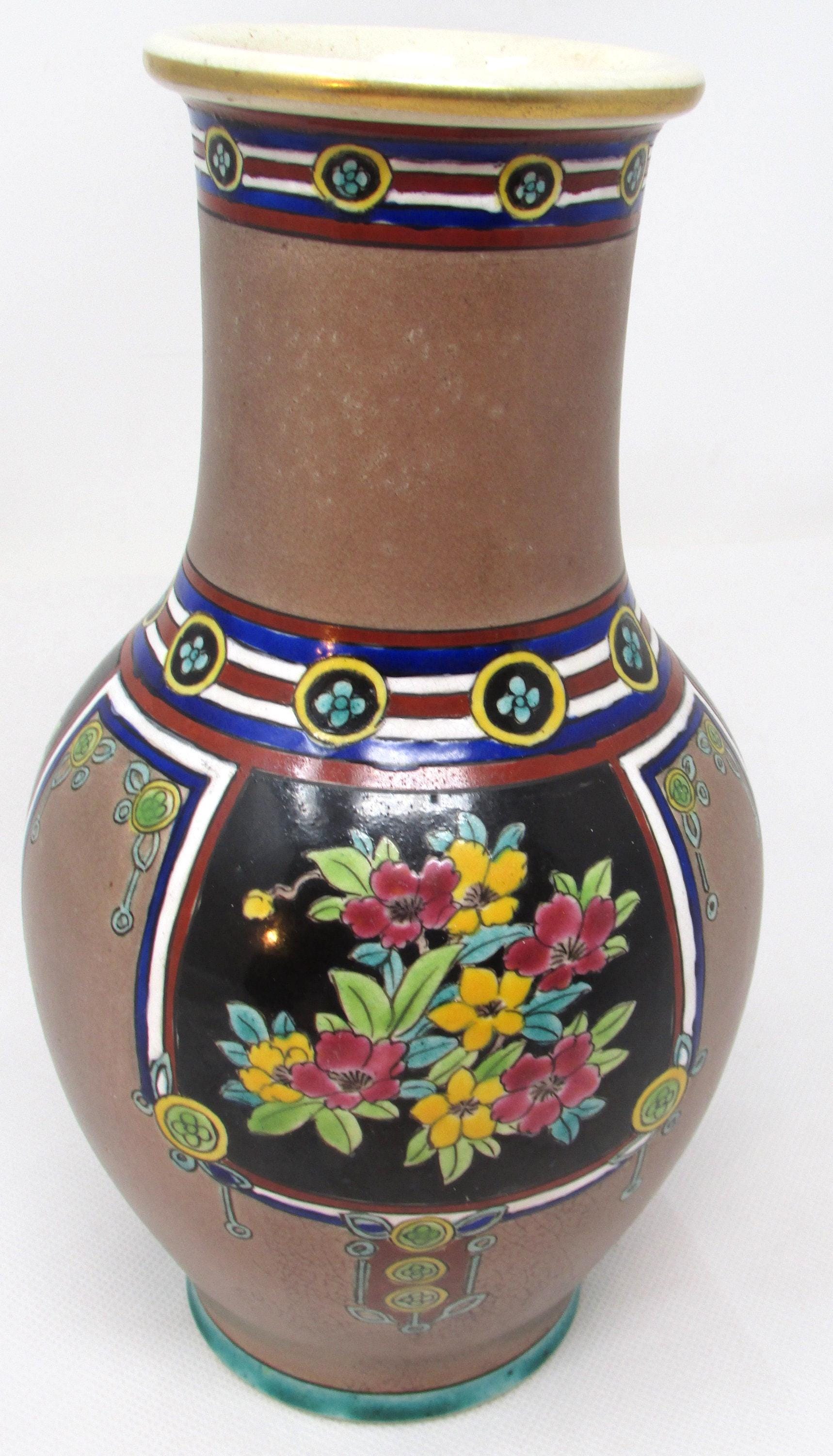 ヴィンテージ花瓶 手描き陶器花瓶 高さ8 3/4インチ 花柄 花のデザイン 