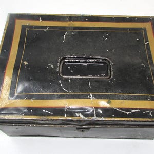 Vintage Metal Cash Box Black and Gold Tin Antique Bankers Box Locking but no key