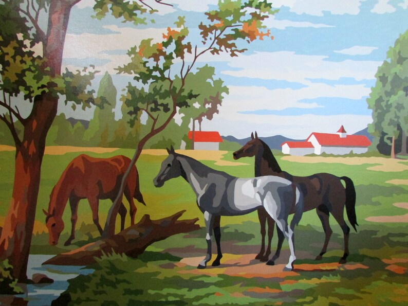 Vintage Paint by Number Painting Horses in Meadow Farm Trees Etsy