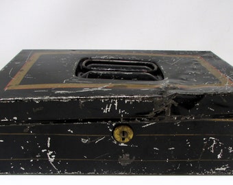 Vintage Metal Cash Box Black Tin Antique Black Metal Box