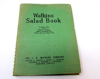 Libro de recetas de ensaladas Watkins de 1946: decoración de cocina de mediados de siglo, encuadernado en espiral, con recetas ilustradas.