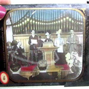 Victorian Magic Lantern Slides Paintings Antique Glass Color Slides for Magic Lantern Projector Victorian Girl Church Family Hymns 6 total