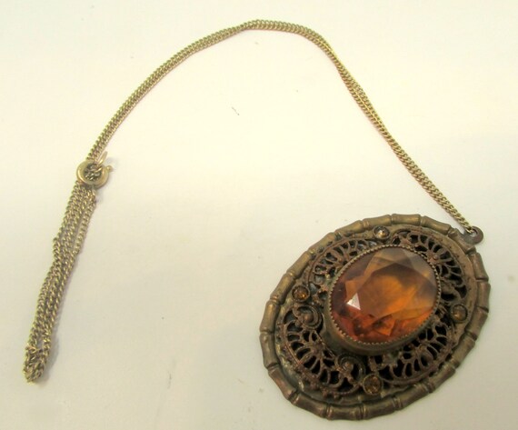 Vintage Victorian Necklace Brass Filigree Faceted… - image 4