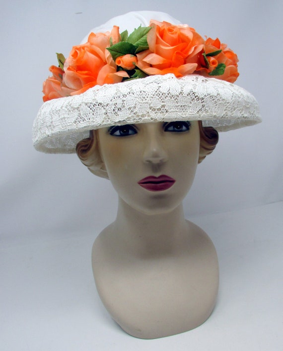 Vintage Floral Hat  Kentucky Derby Style White Vel