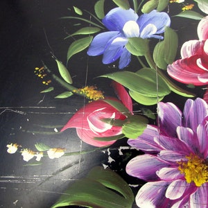 Large Vintage Ottoman Tray Black Tole Painted Extra Large Floral Flowers Gorgeous Rectangular image 5