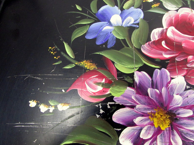 Large Vintage Ottoman Tray Black Tole Painted Extra Large Floral Flowers Gorgeous Rectangular image 5