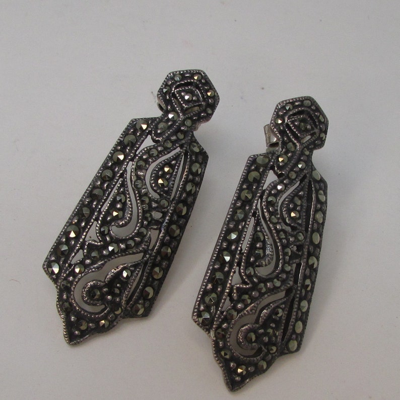 Vintage Marcasite Dangle Earrings Sterling Pierced Earrings Art Deco Gorgeous image 3