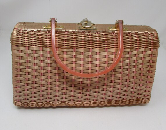 Vintage 1960s Pink Wicker Purse Handbag with Luci… - image 4