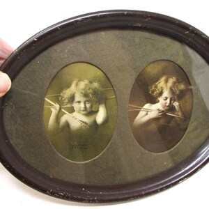 Vintage Cupid Awake and Cupid Asleep in Double Oval Matte Frame original prints pictures Angel Pictures Cupids