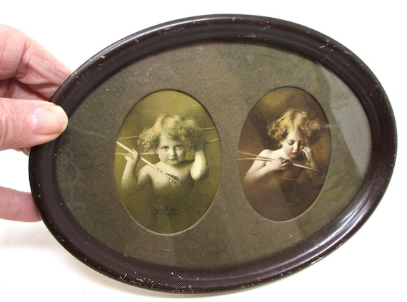 Vintage 1930s Cupid Print in Oval Metal Frame