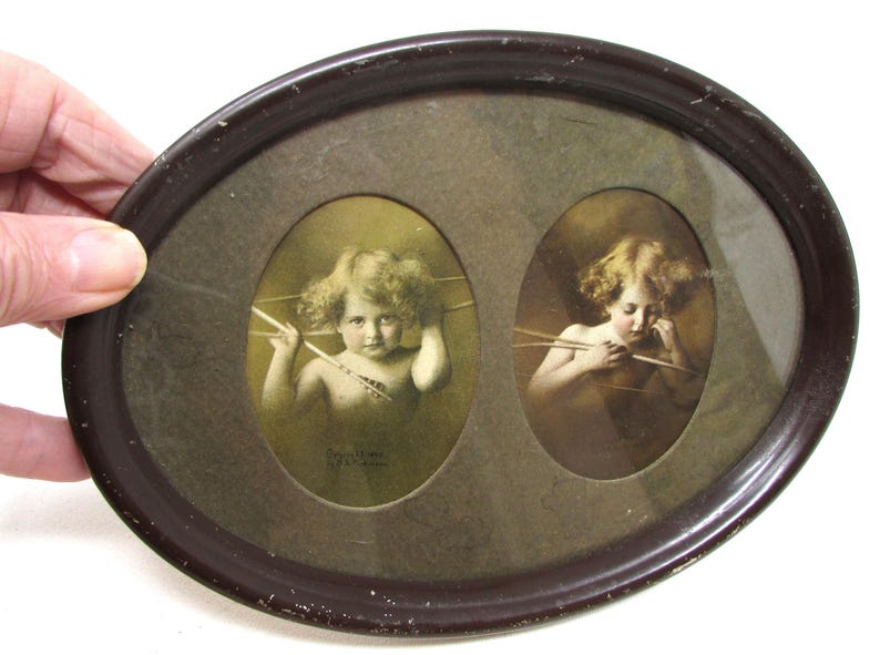 Vintage Cupid Awake and Cupid Asleep in Double Oval Matte Frame original prints pictures Angel Pictures Cupids