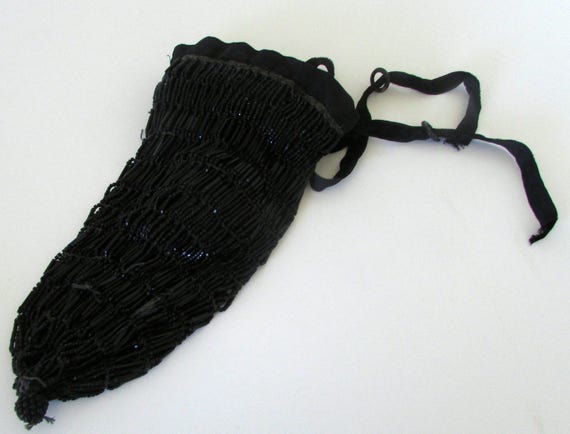 Vintage Beaded Black Flapper beaded purse bag dra… - image 1