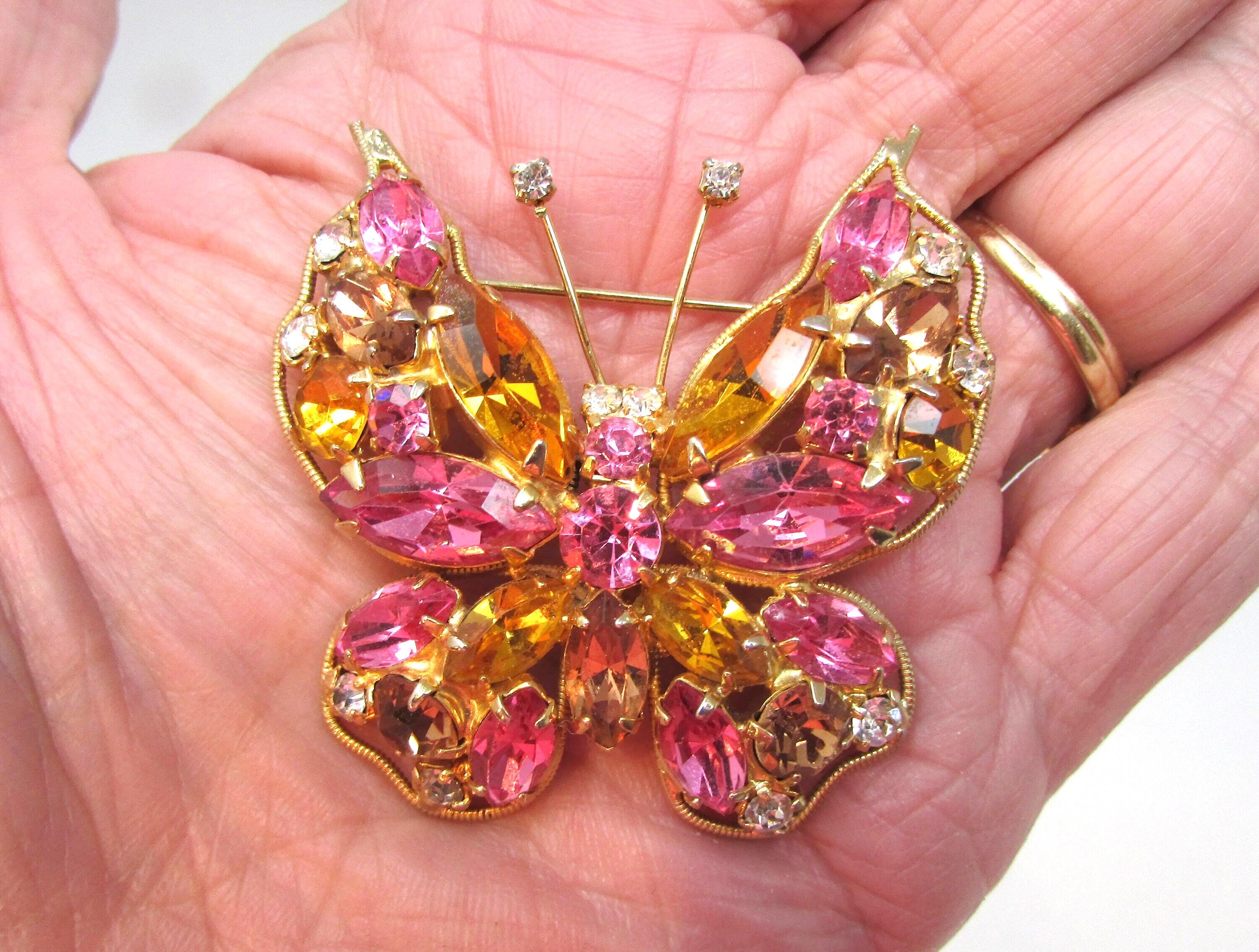 ヴィンテージ ラロコ バタフライ ブローチ：ピンクトパーズ＆ライン