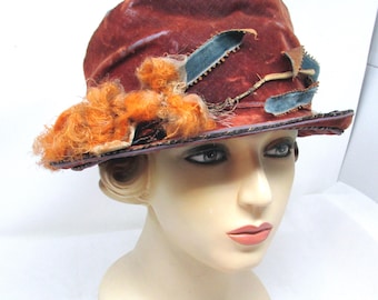 Antique Edwardian Velvet Hat, Burnt Orange and Purple Velvet Millinery, Early 1900s Women’s Hat, Vintage Edwardian Hat
