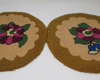 Vintage Pair of Hooked Rug Seat Covers Flowers Floral Design Bells Hand Hooked Round Rugs