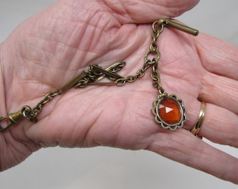 Vintage Watch Fob Victorian Faceted Topaz Colored Stone Watch Fob and Chain Antique Steampunk