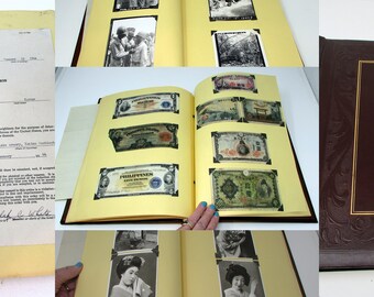 WWII Photograph Snap Shot Album Military 147 pieces photos- paper money - induction, separation, orders US Army philippines Japan China