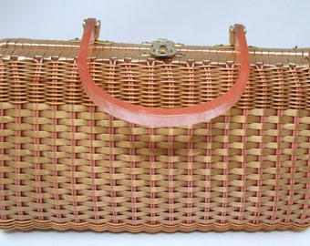 Vintage 1960s Pink Wicker Purse Handbag with Lucite Handle Mad Men Clutch summer spring purse
