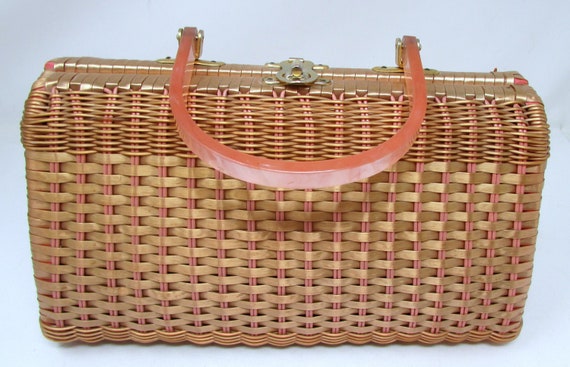 Vintage 1960s Pink Wicker Purse Handbag with Luci… - image 1