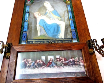 Antique Catholic Sick Call Set – Oak Altar, Pietà, Last Supper
