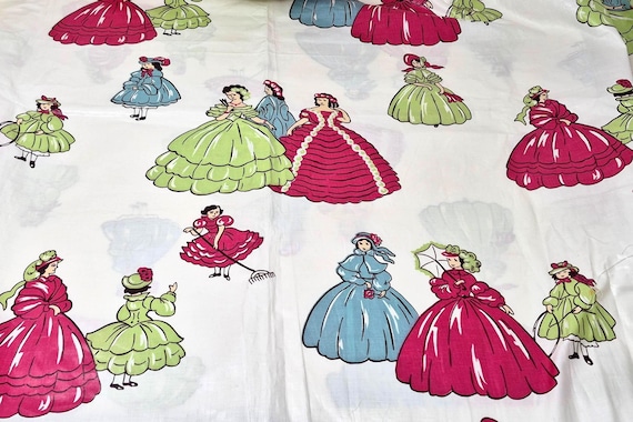 Vintage 1950s Glazed Cotton Fabric: Victorian Hoop Skirt Print (37 x 54")